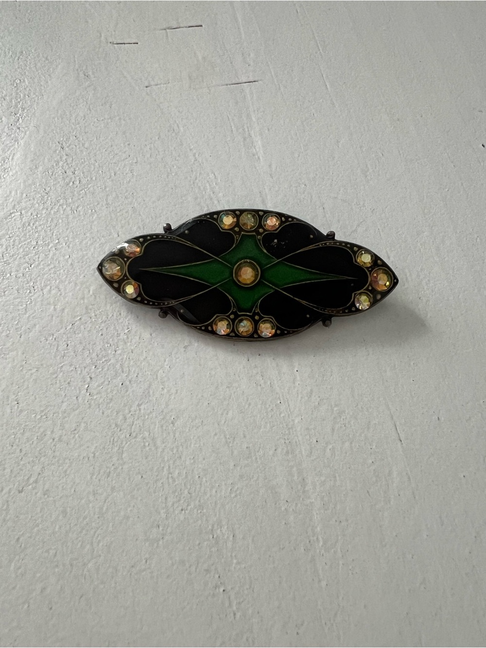 Green and Black Enamel Decorative Brooch with Crystal Accents